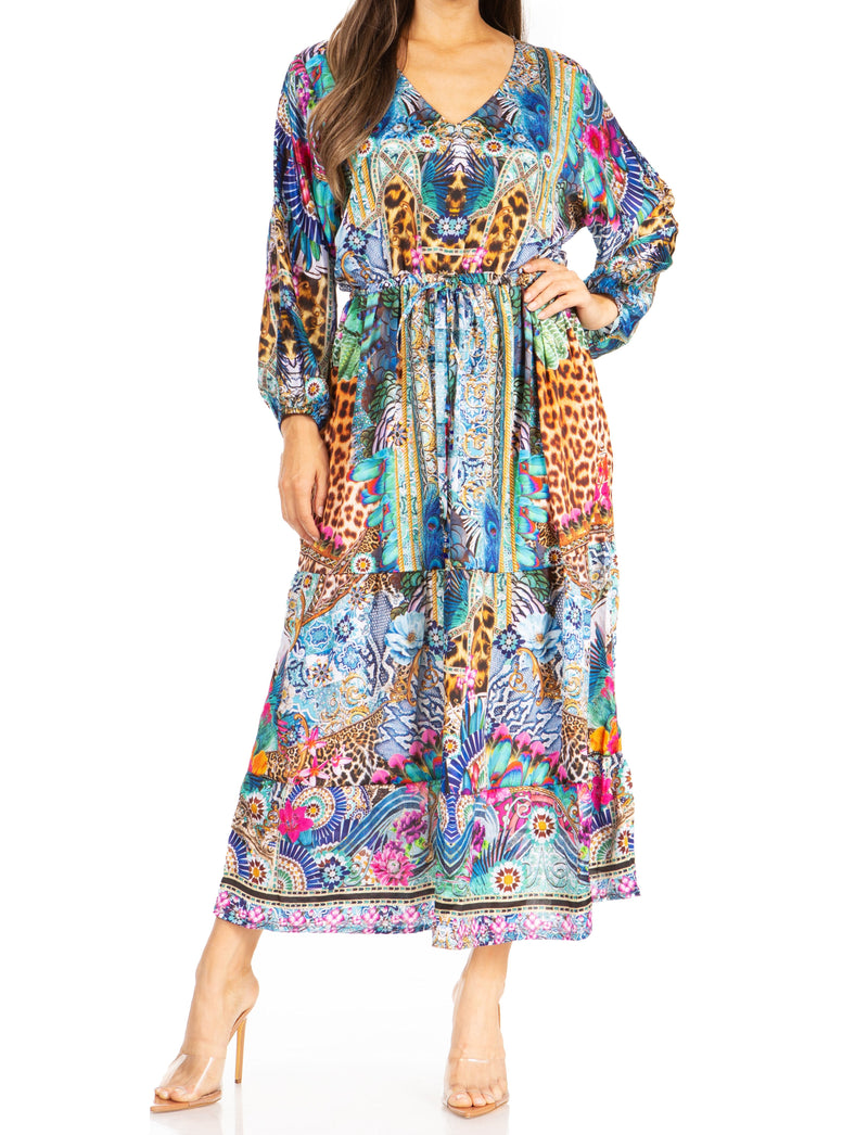 Sakkas Katty Women's V Neck Midi Casual Boho Maxi Long Sleeve Dress Floral Print