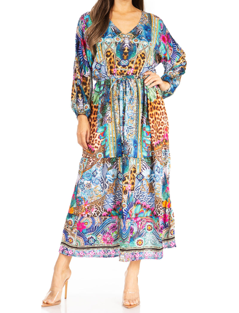 Sakkas Katty Women's V Neck Midi Casual Boho Maxi Long Sleeve Dress Floral Print - 558-Multi - L/XL Sakkas Katty Women's V Neck Midi Casual Boho Maxi Long Sleeve Dress Floral Print - 558-Multi - L/XL