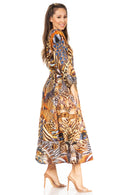 Sakkas Katty Women's V Neck Midi Casual Boho Maxi Long Sleeve Dress Floral Print