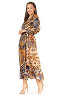 Sakkas Katty Women's V Neck Midi Casual Boho Maxi Long Sleeve Dress Floral Print