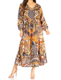 Sakkas Katty Women's V Neck Midi Casual Boho Maxi Long Sleeve Dress Floral Print#color_557-Brown