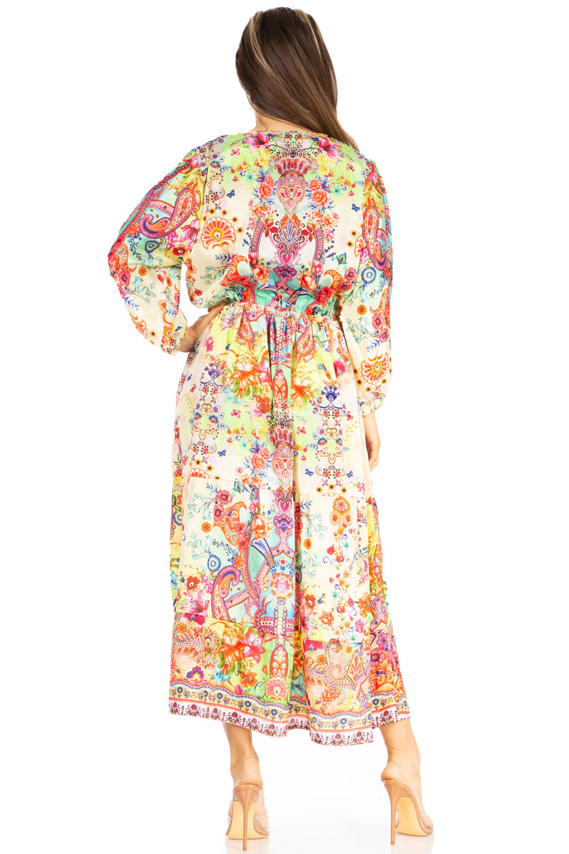 Sakkas Katty Women's V Neck Midi Casual Boho Maxi Long Sleeve Dress Floral Print