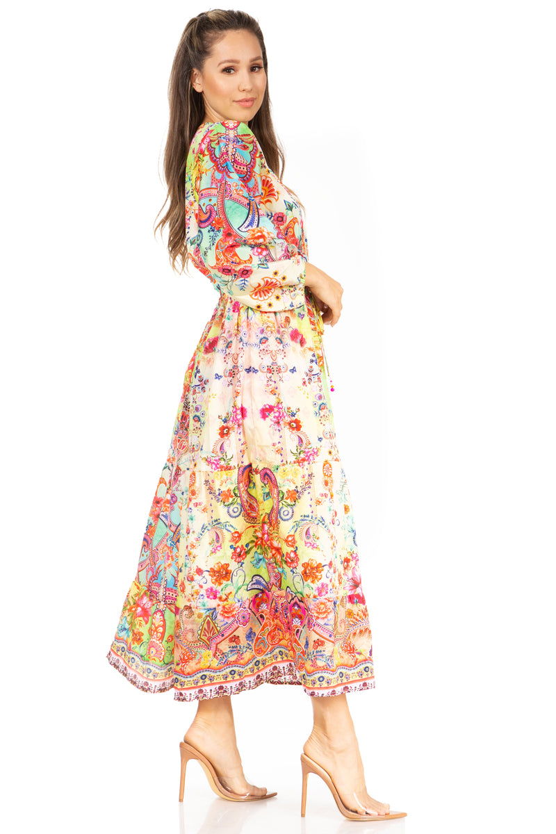 Sakkas Katty Women's V Neck Midi Casual Boho Maxi Long Sleeve Dress Floral Print