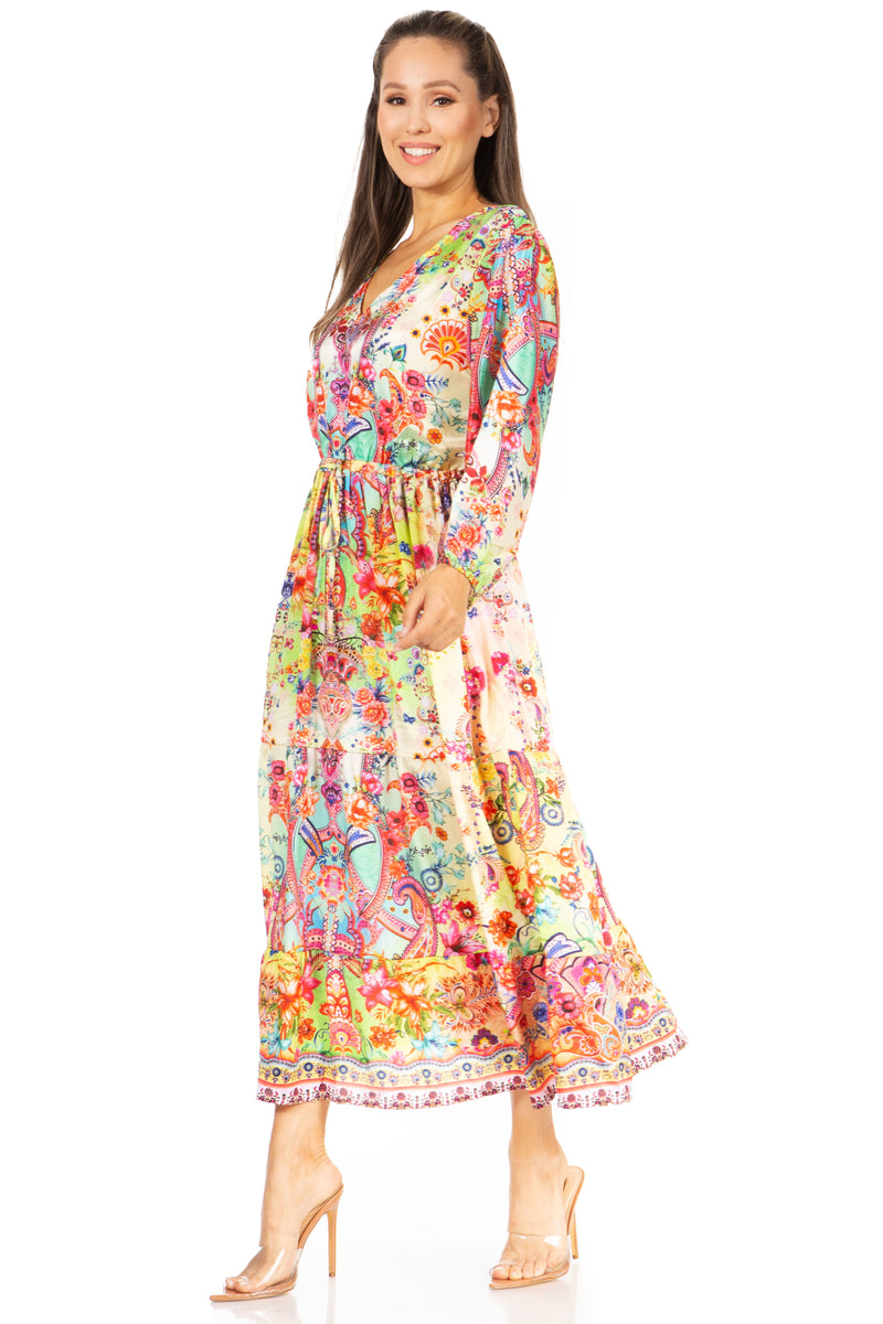 Sakkas Katty Women's V Neck Midi Casual Boho Maxi Long Sleeve Dress Floral Print