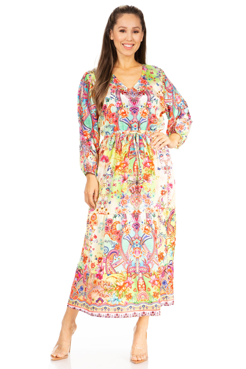 Sakkas Katty Women's V Neck Midi Casual Boho Maxi Long Sleeve Dress Floral Print