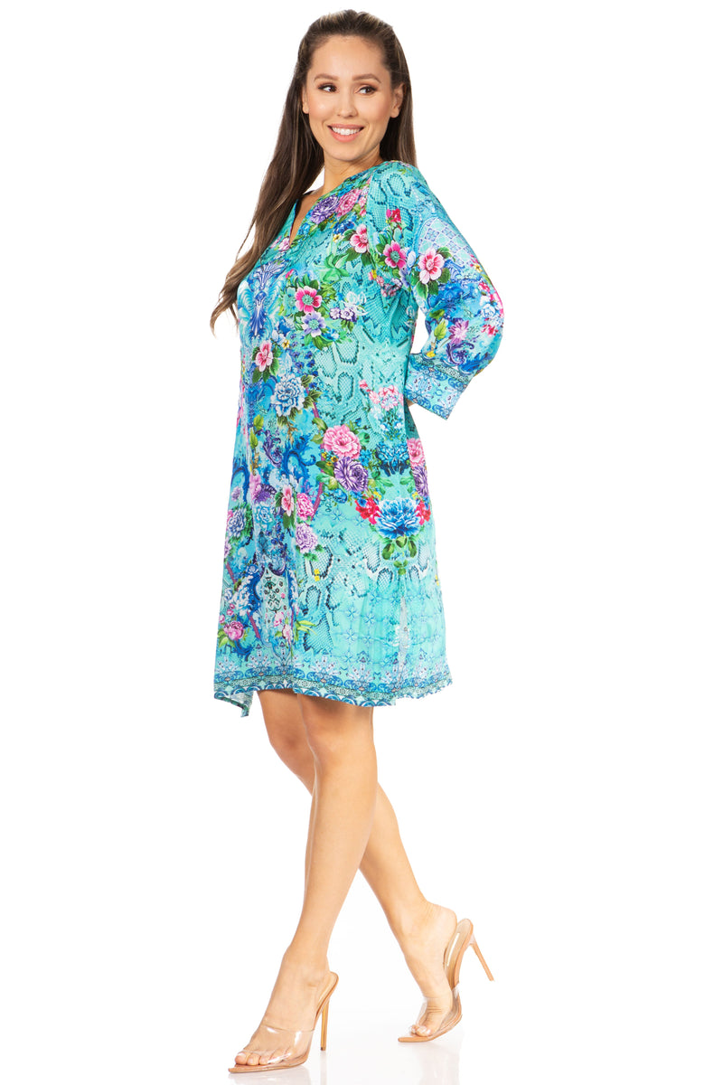 Sakkas Rosa Women's Boho Casual Long Sleeve Floral Tunic Dress Cover Up Midi Top