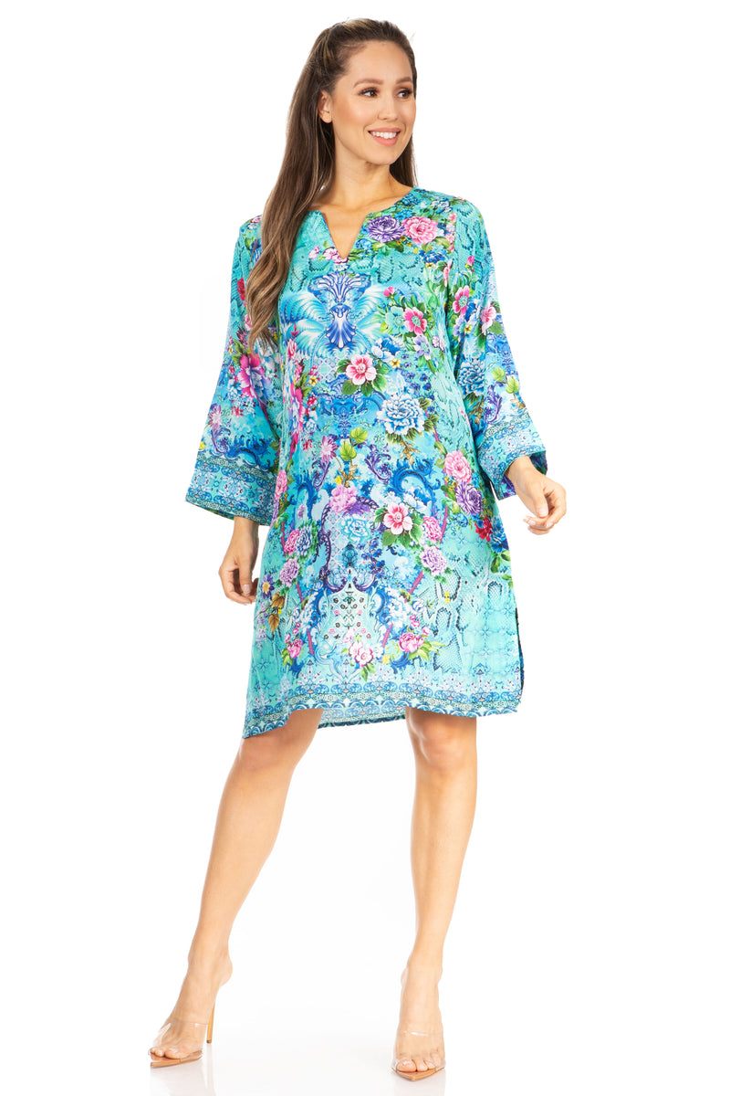 Sakkas Rosa Women's Boho Casual Long Sleeve Floral Tunic Dress Cover Up Midi Top