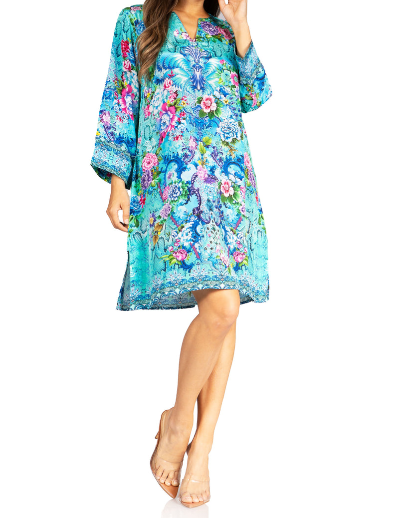 Sakkas Rosa Women's Boho Casual Long Sleeve Floral Tunic Dress Cover Up Midi Top