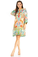 Sakkas Rosa Women's Boho Casual Long Sleeve Floral Tunic Dress Cover Up Midi Top