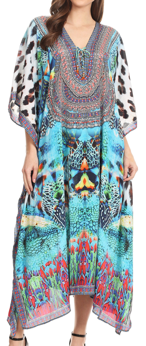 Sakkas Imani  V-neck Silky Lightweight Colorful Flowy Rhinestone Kaftan / Cover Up#color_CTTU135-Turquoise