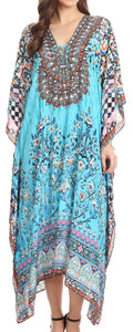 Sakkas Imani  V-neck Silky Lightweight Colorful Flowy Rhinestone Kaftan / Cover Up#color_FOTU137-Turquoise
