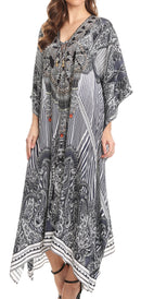 Sakkas Imani  V-neck Silky Lightweight Colorful Flowy Rhinestone Kaftan / Cover Up