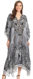 Sakkas Imani  V-neck Silky Lightweight Colorful Flowy Rhinestone Kaftan / Cover Up