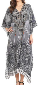 Sakkas Imani  V-neck Silky Lightweight Colorful Flowy Rhinestone Kaftan / Cover Up