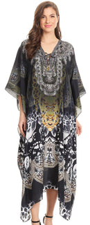 Sakkas Imani  V-neck Silky Lightweight Colorful Flowy Rhinestone Kaftan / Cover Up
