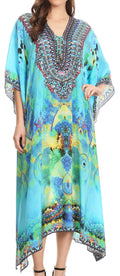 Sakkas Imani  V-neck Silky Lightweight Colorful Flowy Rhinestone Kaftan / Cover Up#color_ONTU138-Turquoise