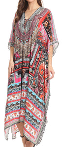 Sakkas Imani  V-neck Silky Lightweight Colorful Flowy Rhinestone Kaftan / Cover Up