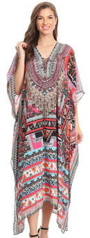 Sakkas Imani  V-neck Silky Lightweight Colorful Flowy Rhinestone Kaftan / Cover Up