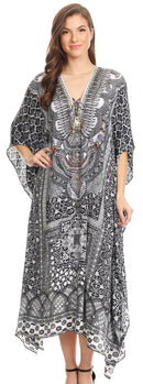Sakkas Imani  V-neck Silky Lightweight Colorful Flowy Rhinestone Kaftan / Cover Up