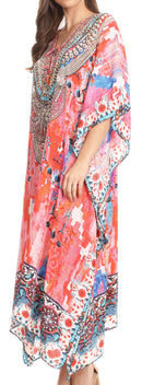 Sakkas Imani  V-neck Silky Lightweight Colorful Flowy Rhinestone Kaftan / Cover Up