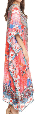 Sakkas Imani  V-neck Silky Lightweight Colorful Flowy Rhinestone Kaftan / Cover Up