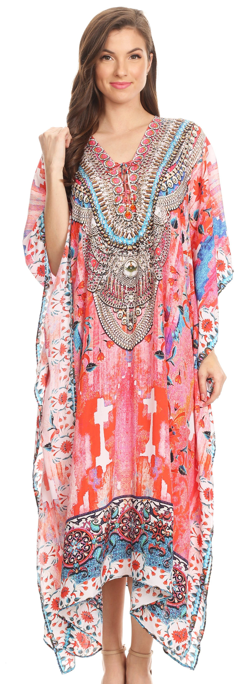 Sakkas Imani  V-neck Silky Lightweight Colorful Flowy Rhinestone Kaftan / Cover Up