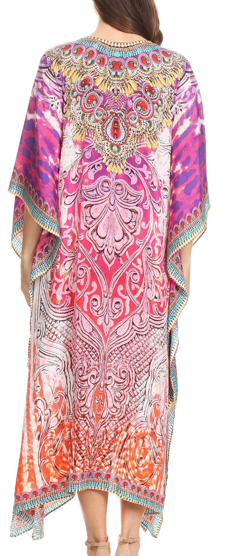 Sakkas Imani  V-neck Silky Lightweight Colorful Flowy Rhinestone Kaftan / Cover Up