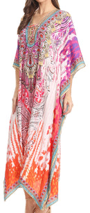 Sakkas Imani  V-neck Silky Lightweight Colorful Flowy Rhinestone Kaftan / Cover Up