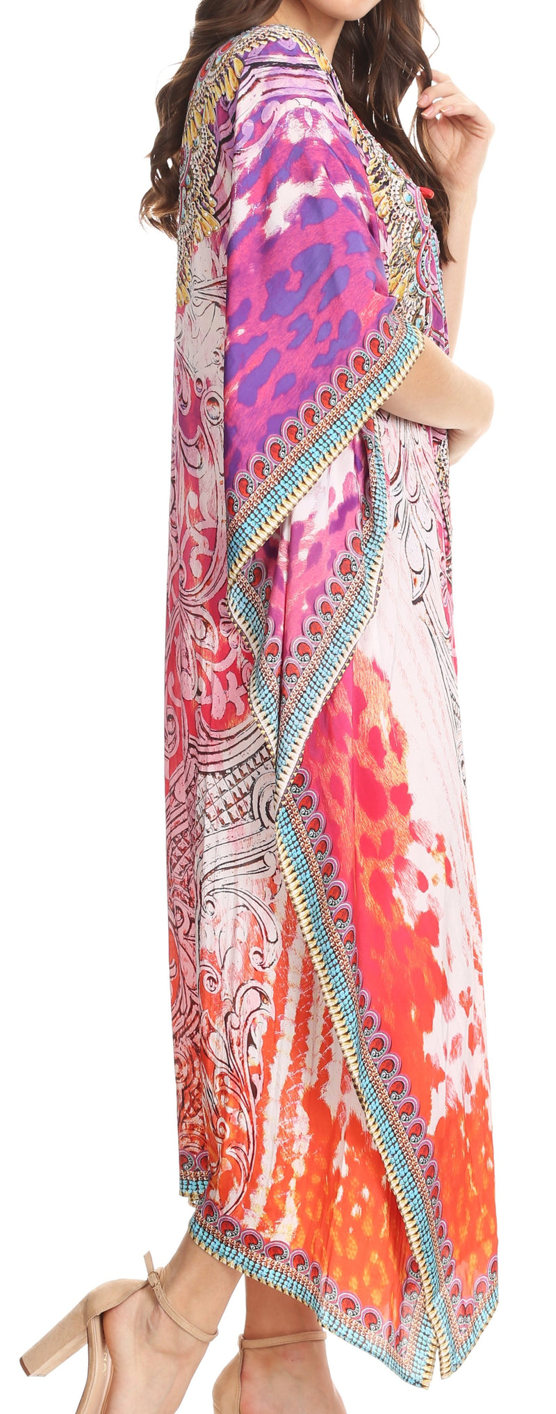 Sakkas Imani  V-neck Silky Lightweight Colorful Flowy Rhinestone Kaftan / Cover Up