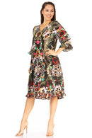 Sakkas Ozana Women's Midi Cocktail V Neck Dress 3/4 Sleeve Casual Floral Print