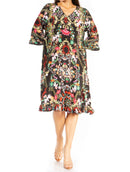 Sakkas Ozana Women's Midi Cocktail V Neck Dress 3/4 Sleeve Casual Floral Print