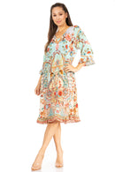 Sakkas Ozana Women's Midi Cocktail V Neck Dress 3/4 Sleeve Casual Floral Print
