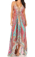 Sakkas Lizi Womens Maxi High-low Halter Handkerchief Long Dress Beach Party#color_FOM321-Multi