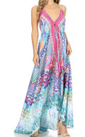 Sakkas Lizi Womens Maxi High-low Halter Handkerchief Long Dress Beach Party#color_SM224-Multi