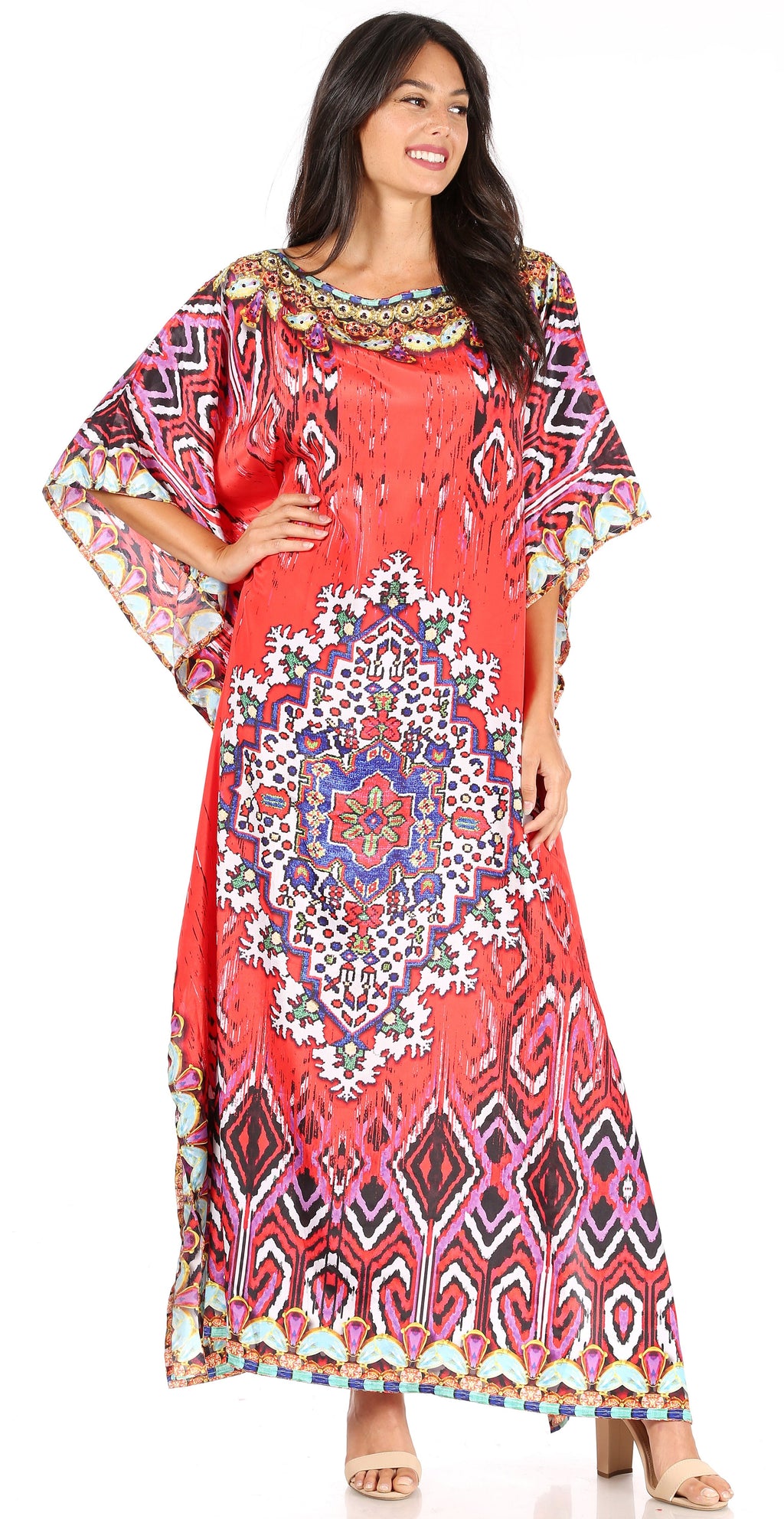 Sakkas Jabari Women's Maxi Short Sleeve Long Beach Kaftan Dress Boho L