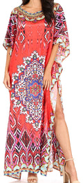 Sakkas Jabari Women's Maxi Short Sleeve Long Beach Kaftan Dress Boho Loose Gown#color_TRR1-Red