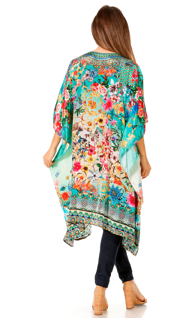 Sakkas Jenni Women's Mid Length Boho Caftan Kaftan Dress Cover up Flowy Rhinestone