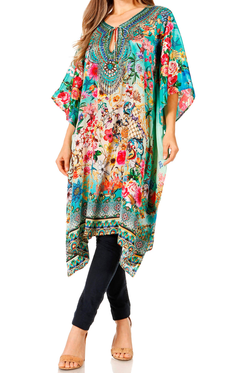 Sakkas Jenni Women's Mid Length Boho Caftan Kaftan Dress Cover up Flowy Rhinestone