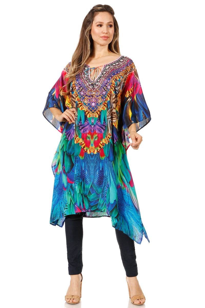 Sakkas Jenni Women's Mid Length Boho Caftan Kaftan Dress Cover up Flowy Rhinestone