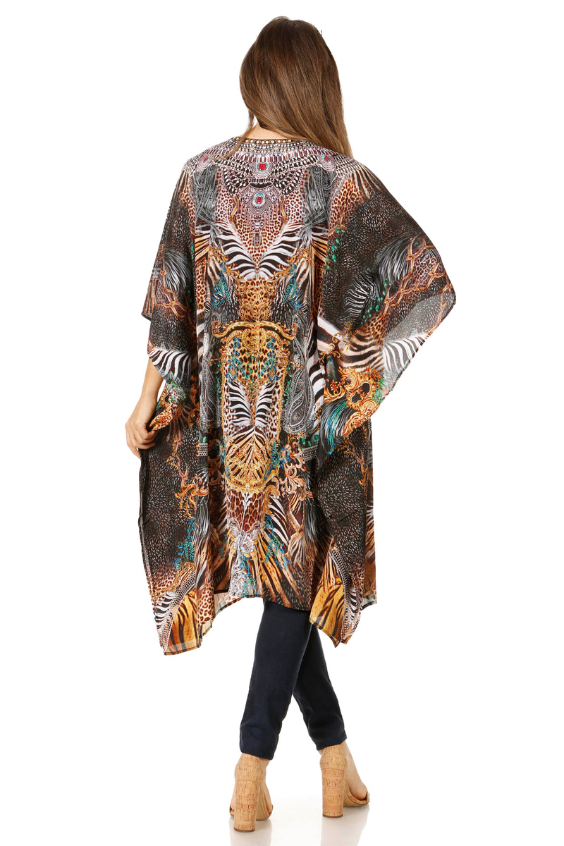 Sakkas Jenni Women's Mid Length Boho Caftan Kaftan Dress Cover up Flowy Rhinestone