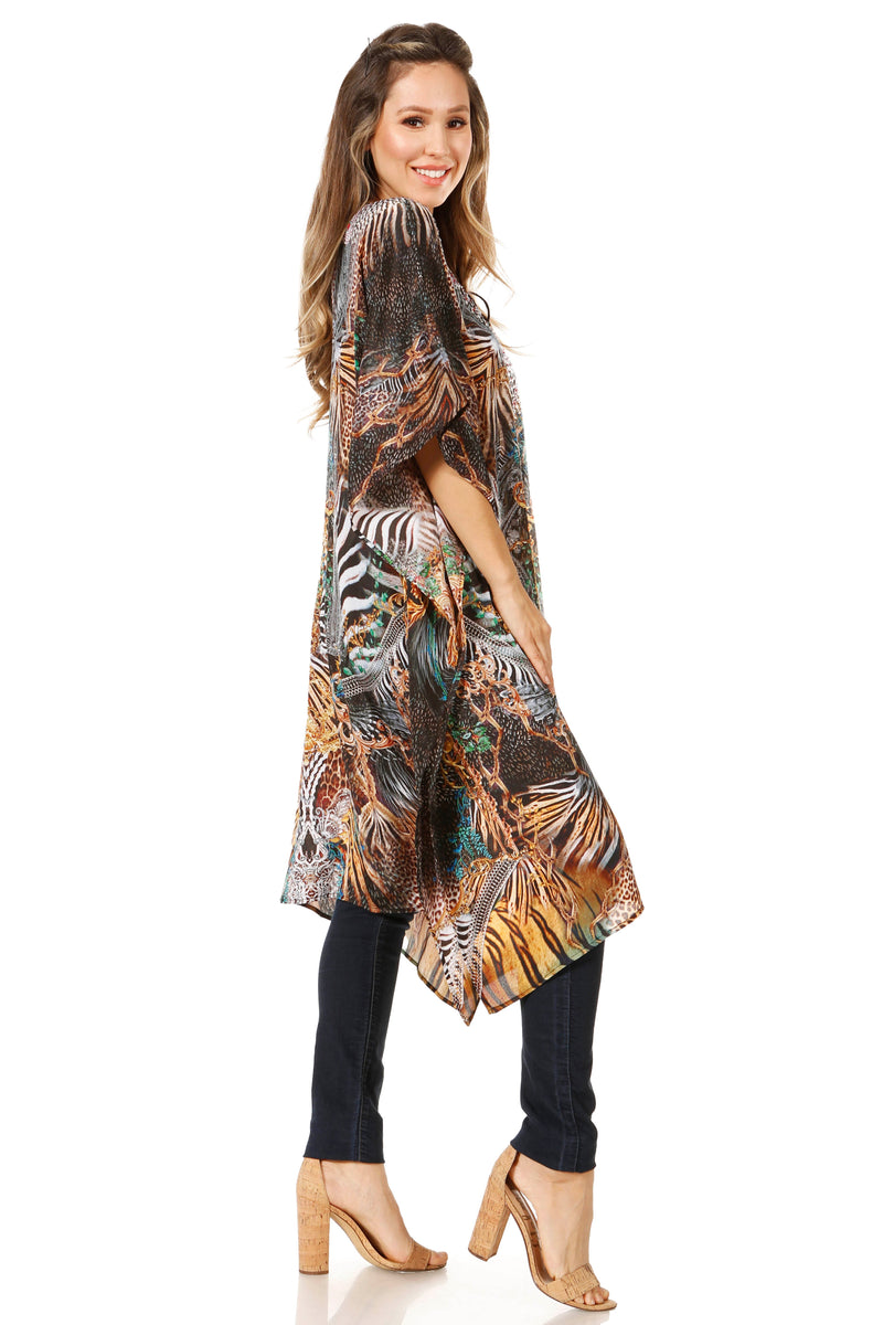 Sakkas Jenni Women's Mid Length Boho Caftan Kaftan Dress Cover up Flowy Rhinestone