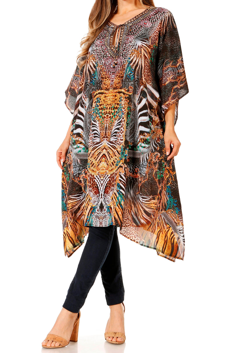 Sakkas Jenni Women's Mid Length Boho Caftan Kaftan Dress Cover up Flowy Rhinestone