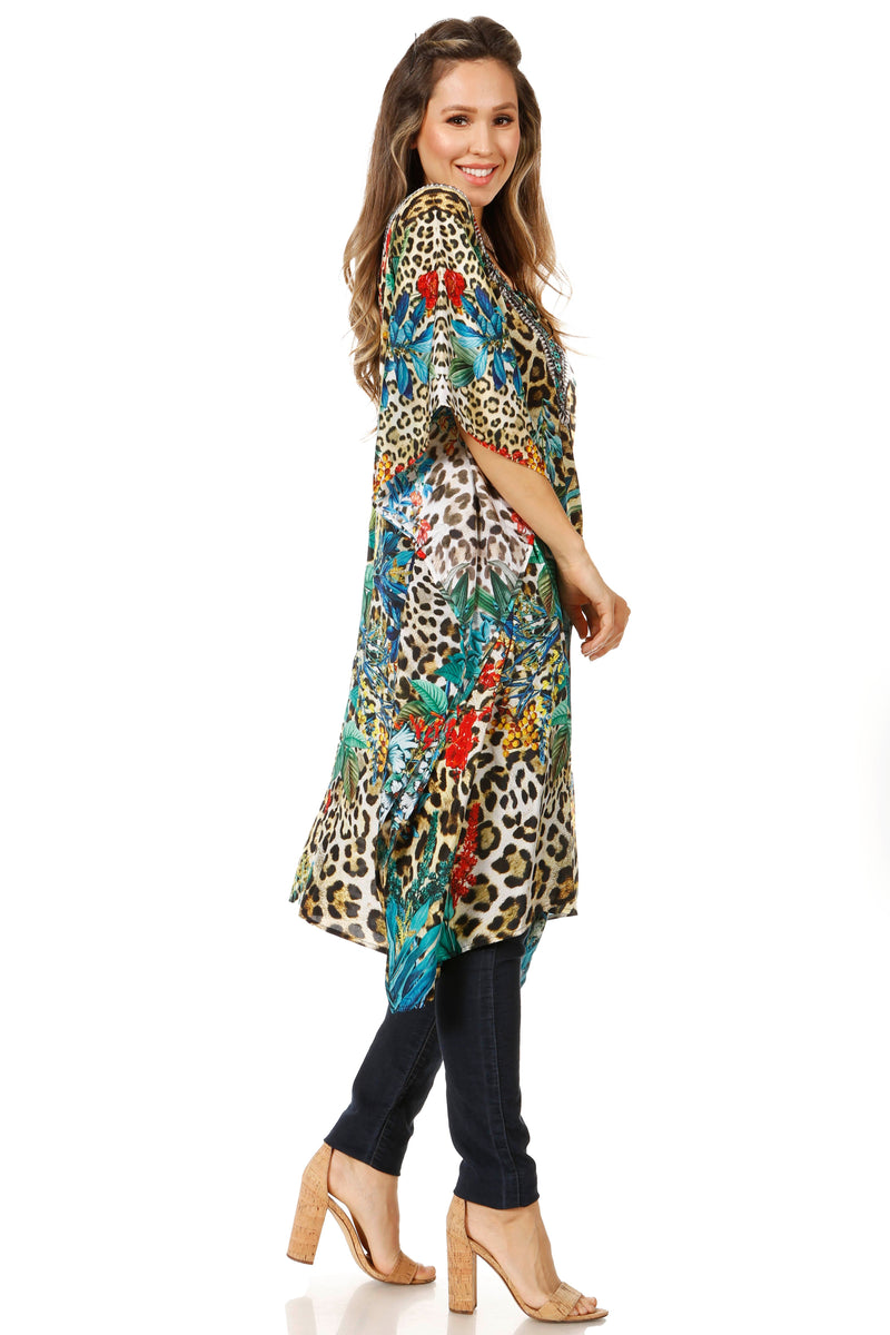 Sakkas Jenni Women's Mid Length Boho Caftan Kaftan Dress Cover up Flowy Rhinestone