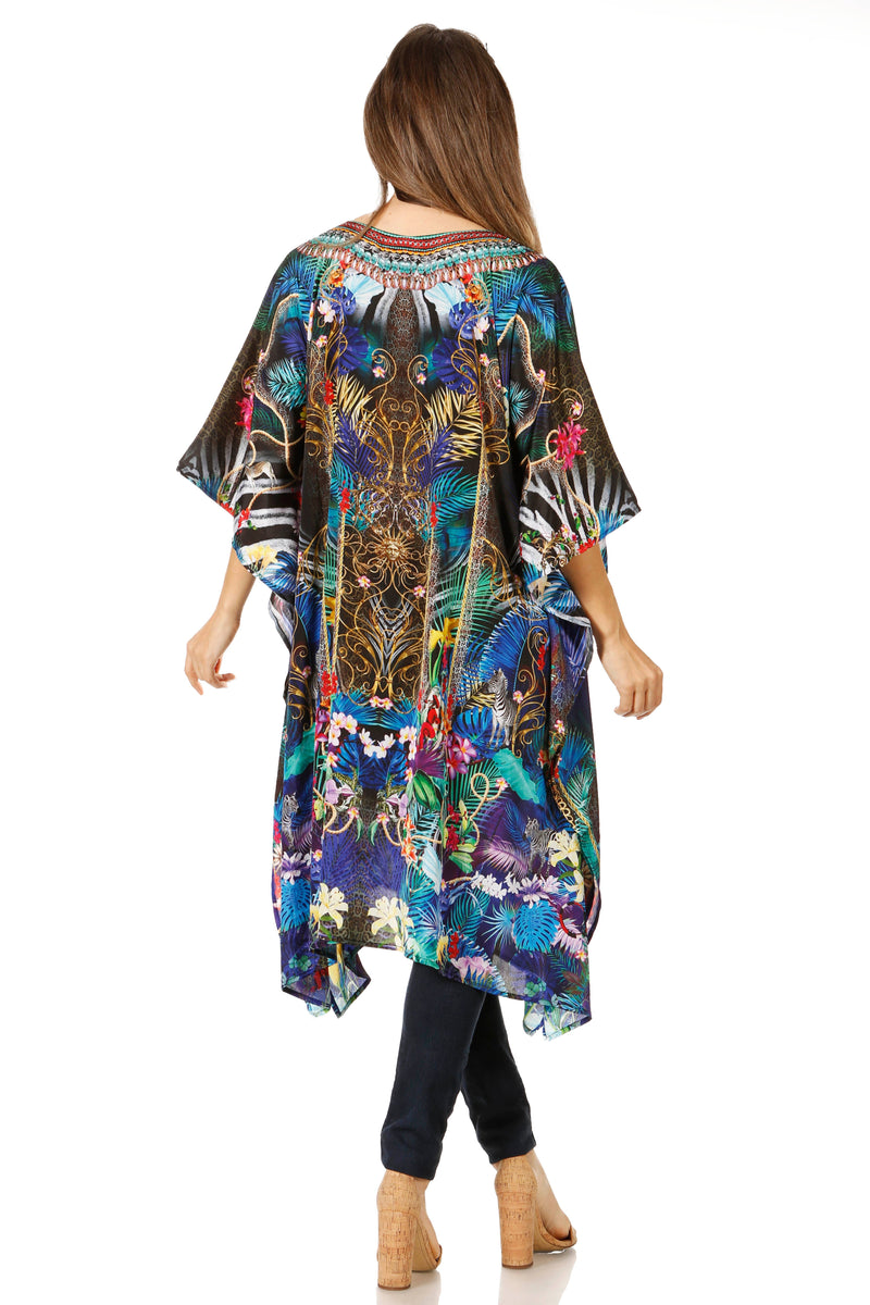 Sakkas Jenni Women's Mid Length Boho Caftan Kaftan Dress Cover up Flowy Rhinestone