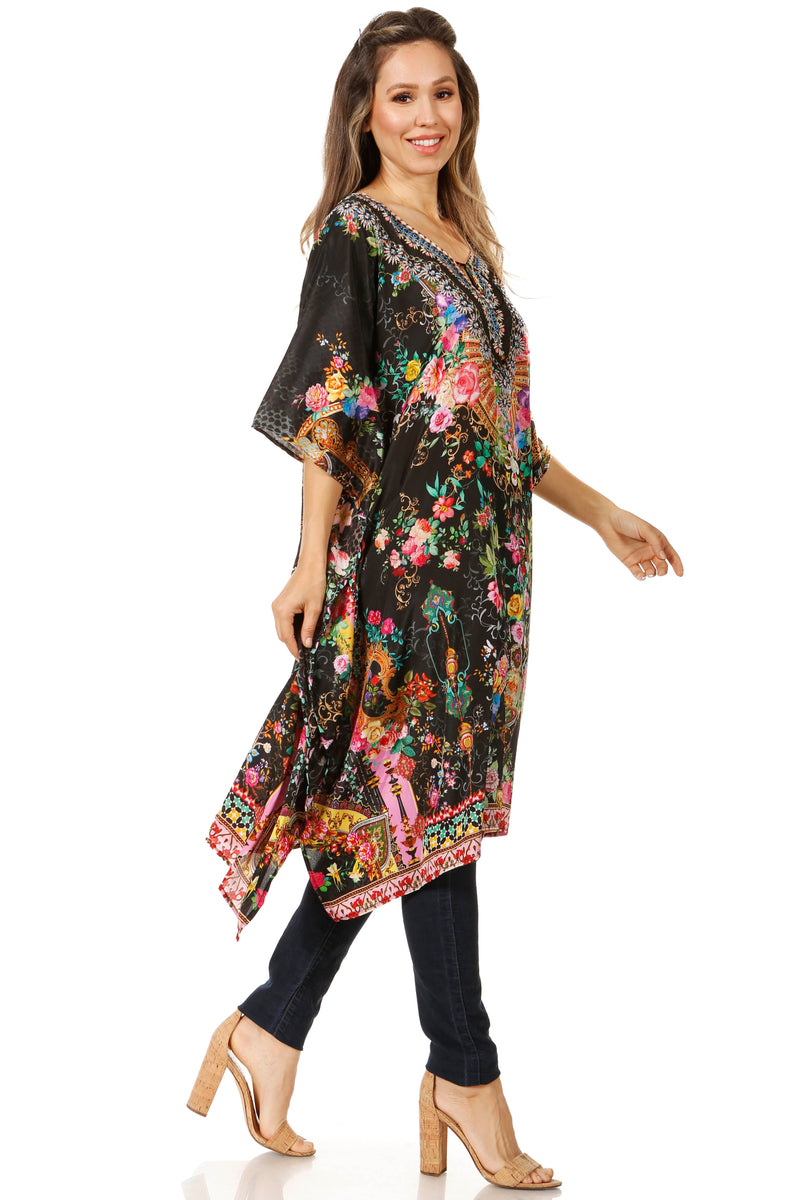 Sakkas Jenni Women's Mid Length Boho Caftan Kaftan Dress Cover up Flowy Rhinestone