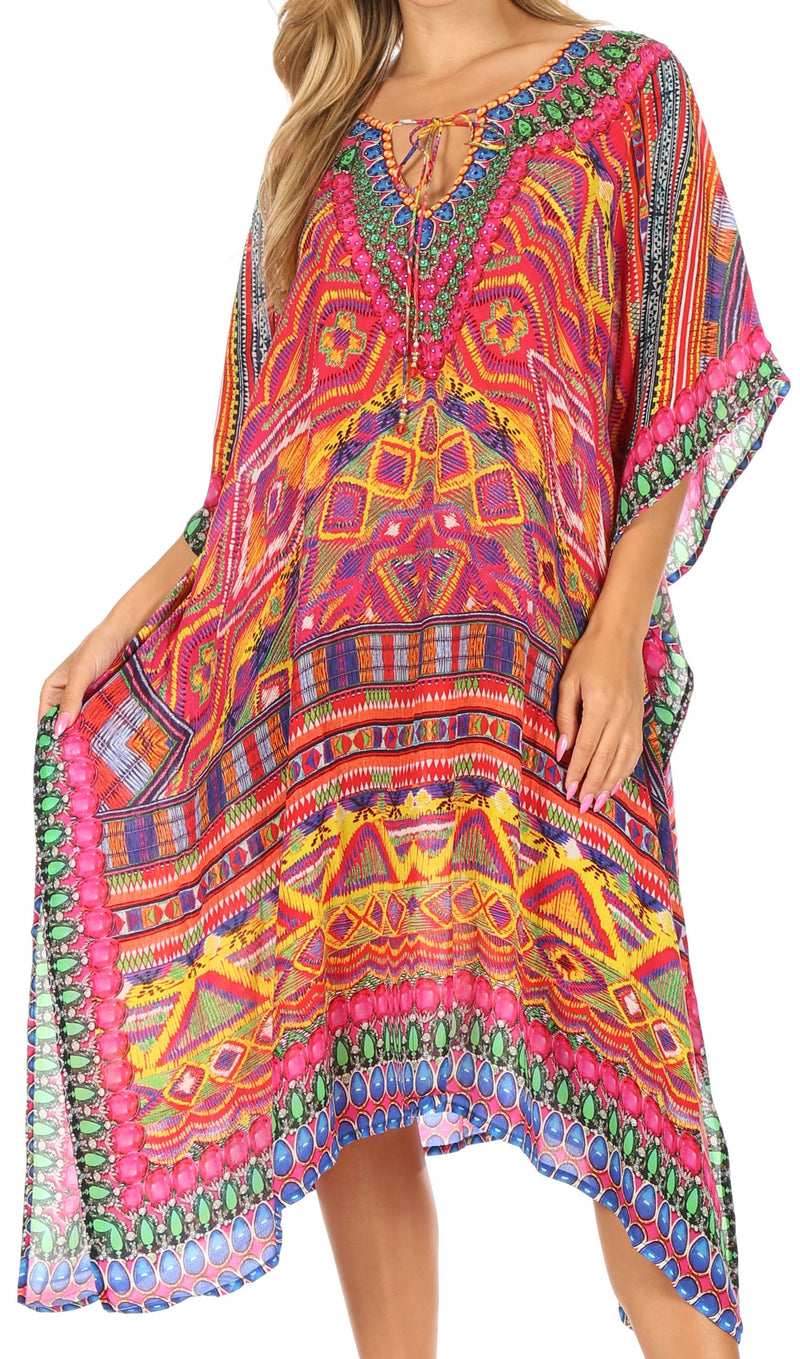 Sakkas Jenni Women's Mid Length Boho Caftan Kaftan Dress Cover up Flowy Rhinestone Sakkas Jenni Women's Mid Length Boho Caftan Kaftan Dress Cover up Flowy Rhinestone