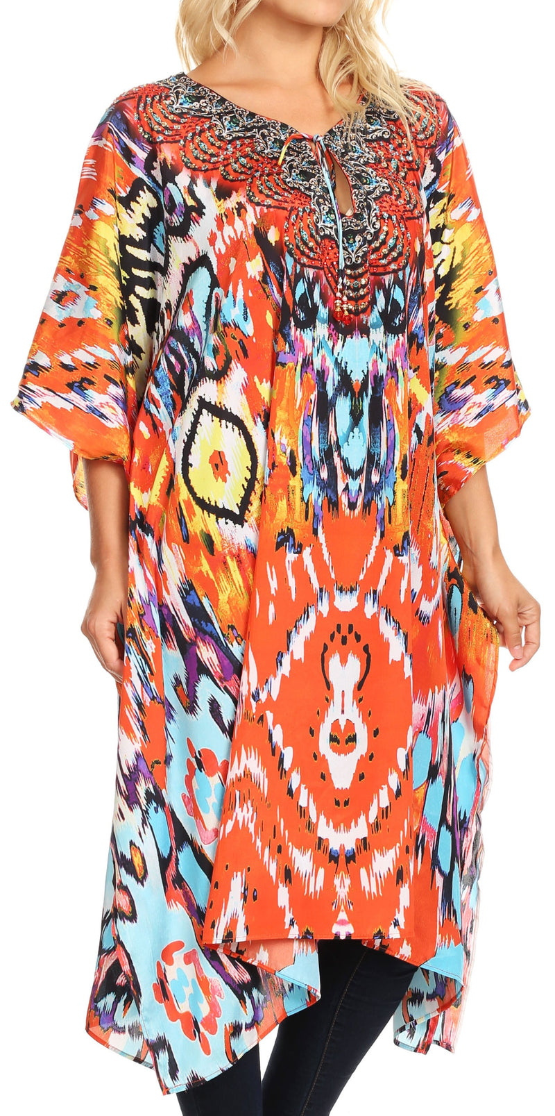 Sakkas Jenni Women's Mid Length Boho Caftan Kaftan Dress Cover up Flowy Rhinestone