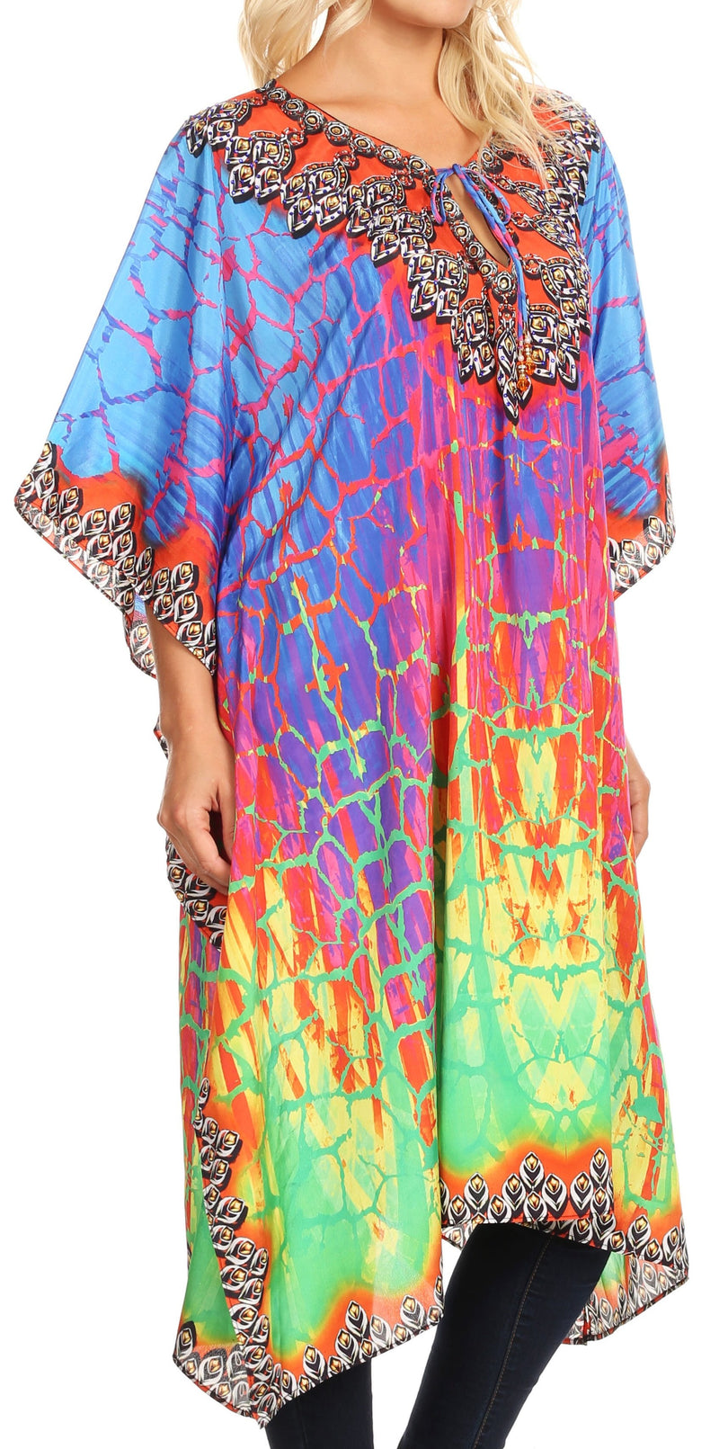 Sakkas Jenni Women's Mid Length Boho Caftan Kaftan Dress Cover up Flowy Rhinestone