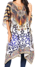 Sakkas Jenni Women's Mid Length Boho Caftan Kaftan Dress Cover up Flowy Rhinestone#color_OW15-White