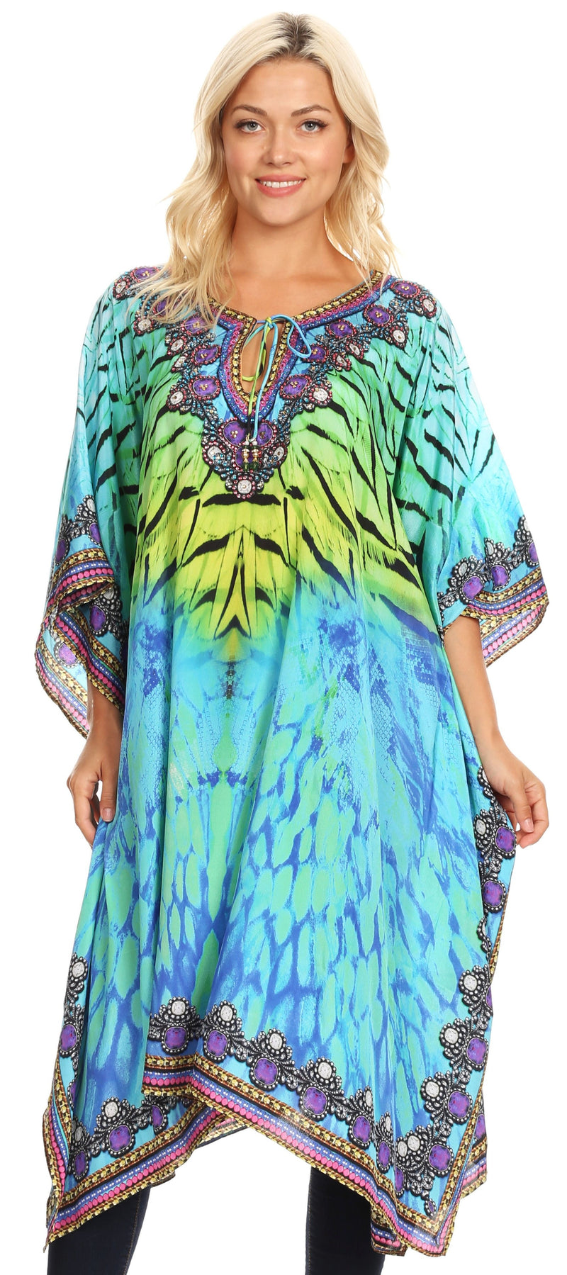 Sakkas Jenni Women's Mid Length Boho Caftan Kaftan Dress Cover up Flowy Rhinestone